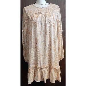 Fall Balloon sleeve swing dress Ivory Cream Orange Paisley Dress Smocked Large